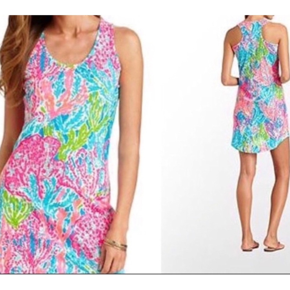 Lilly‎ Pulitzer Pink Blue Coral Reef Racerback Cotton Tank Dress Women's Med EUC